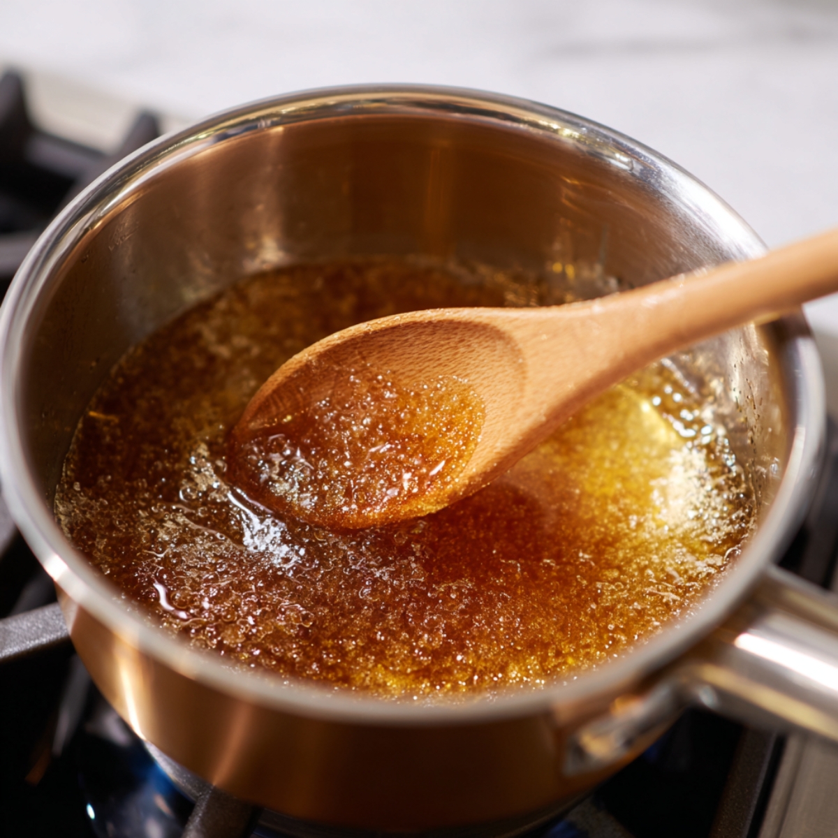 Saucepan of bubbling golden sugar syrup, stirred with a wooden spoon.