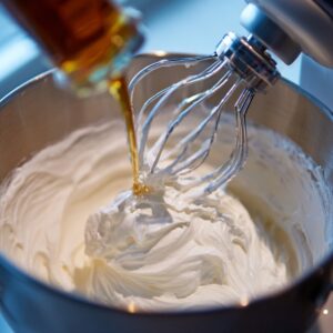 Stand mixer with whisk attachment, hot syrup being poured into thick whipped egg whites.