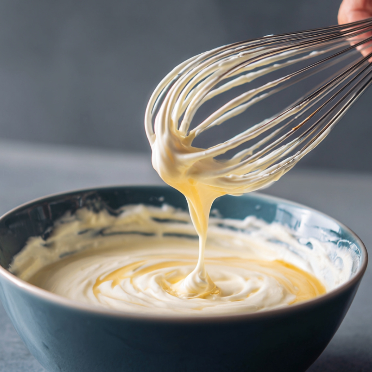 Whipped egg whites in a blue bowl, with a whisk lifting glossy peaks of soft meringue.
