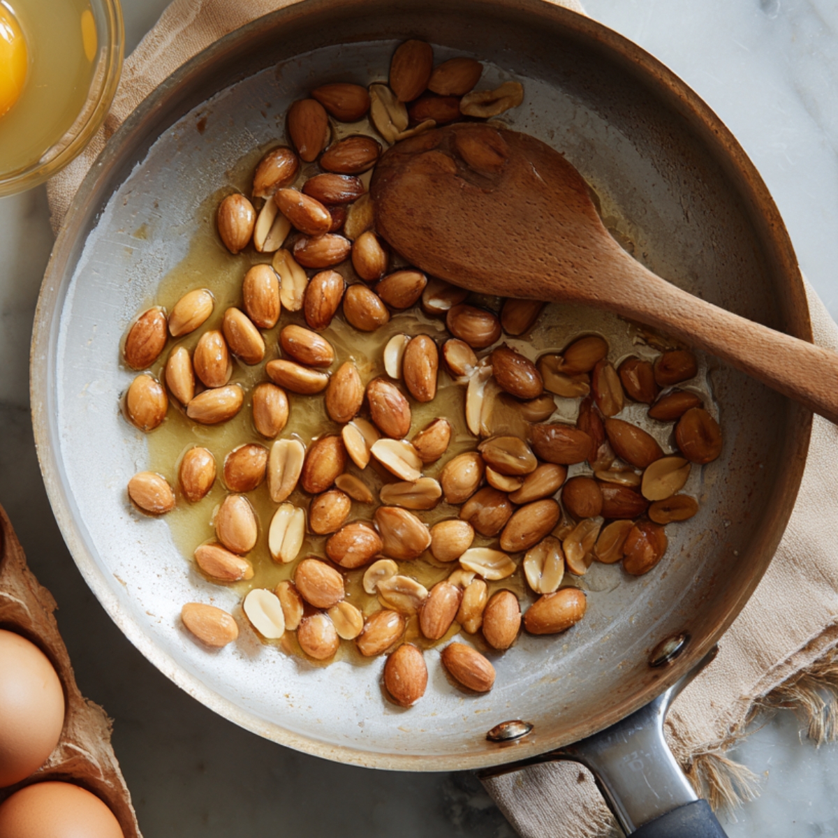 Toasted almonds and peanuts in a skillet, with a wooden spoon, alongside eggs and small bowls of ingredients.