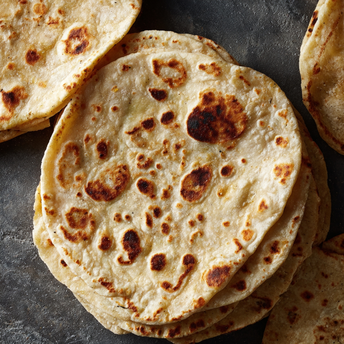 A pile of thin, soft rotis stacked neatly on a dark surface. Golden brown spots show perfect cooking. The stack looks warm, fluffy, and ready to serve.