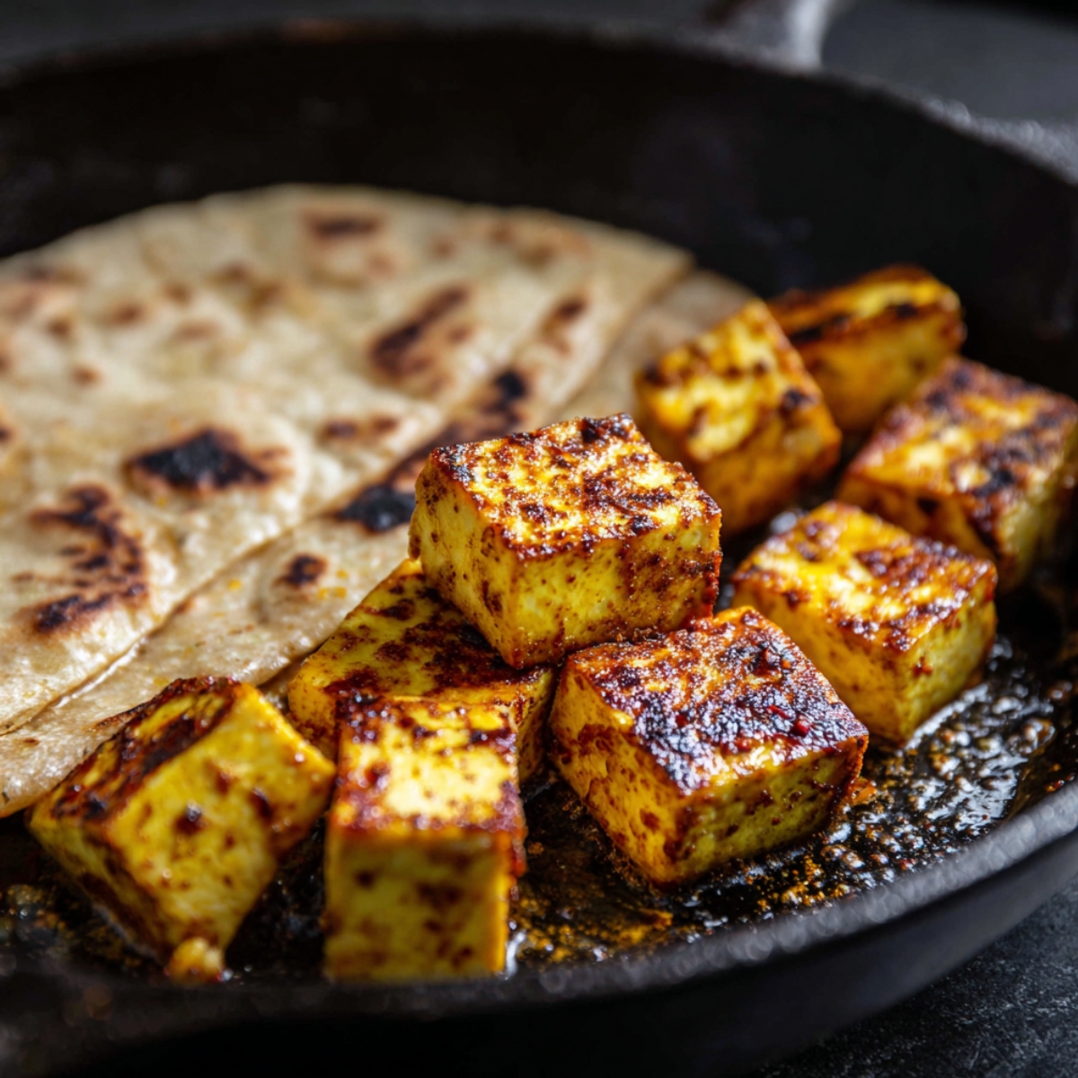 Golden cubes of marinated paneer sizzling in a black skillet. A roti cooks alongside, showing char marks and crisp edges. The food looks hot, smoky, and freshly prepared.