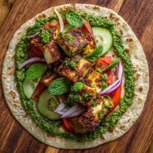 Soft roti spread with green chutney on a wooden surface. Topped with grilled paneer cubes, cucumber, tomato, onion, and fresh mint. Bright colors highlight freshness and vibrancy.