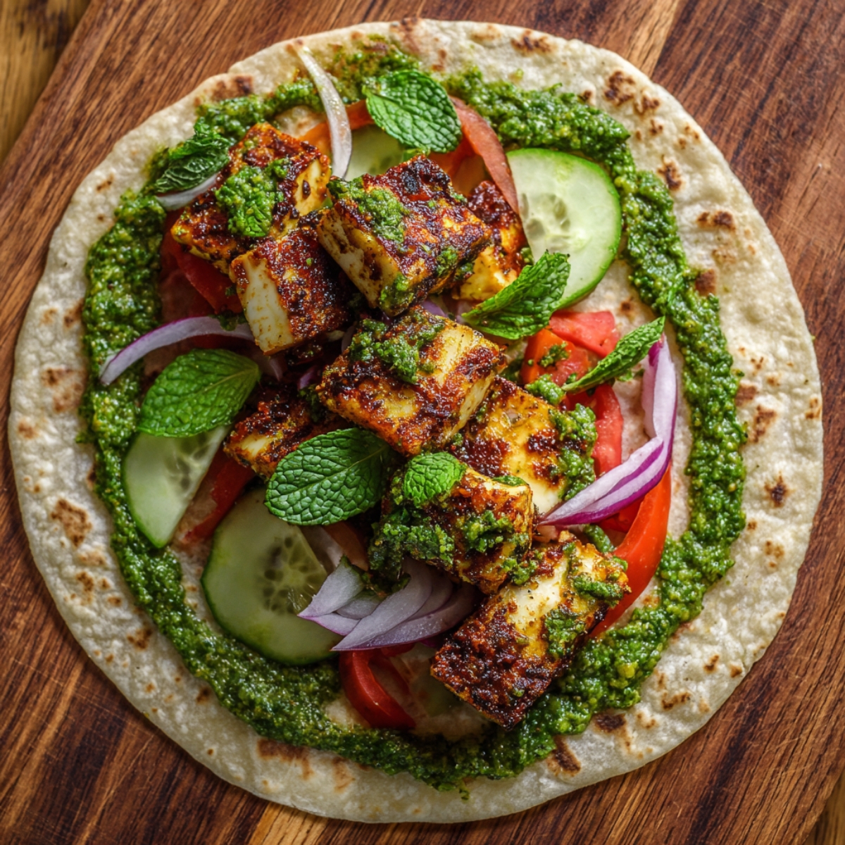 Soft roti spread with green chutney on a wooden surface. Topped with grilled paneer cubes, cucumber, tomato, onion, and fresh mint. Bright colors highlight freshness and vibrancy.