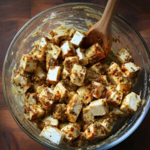 A glass bowl filled with paneer cubes coated in a yogurt-spice mix. A wooden spoon rests inside, mixing the marinade. The cubes are richly seasoned, glistening, and ready to cook.