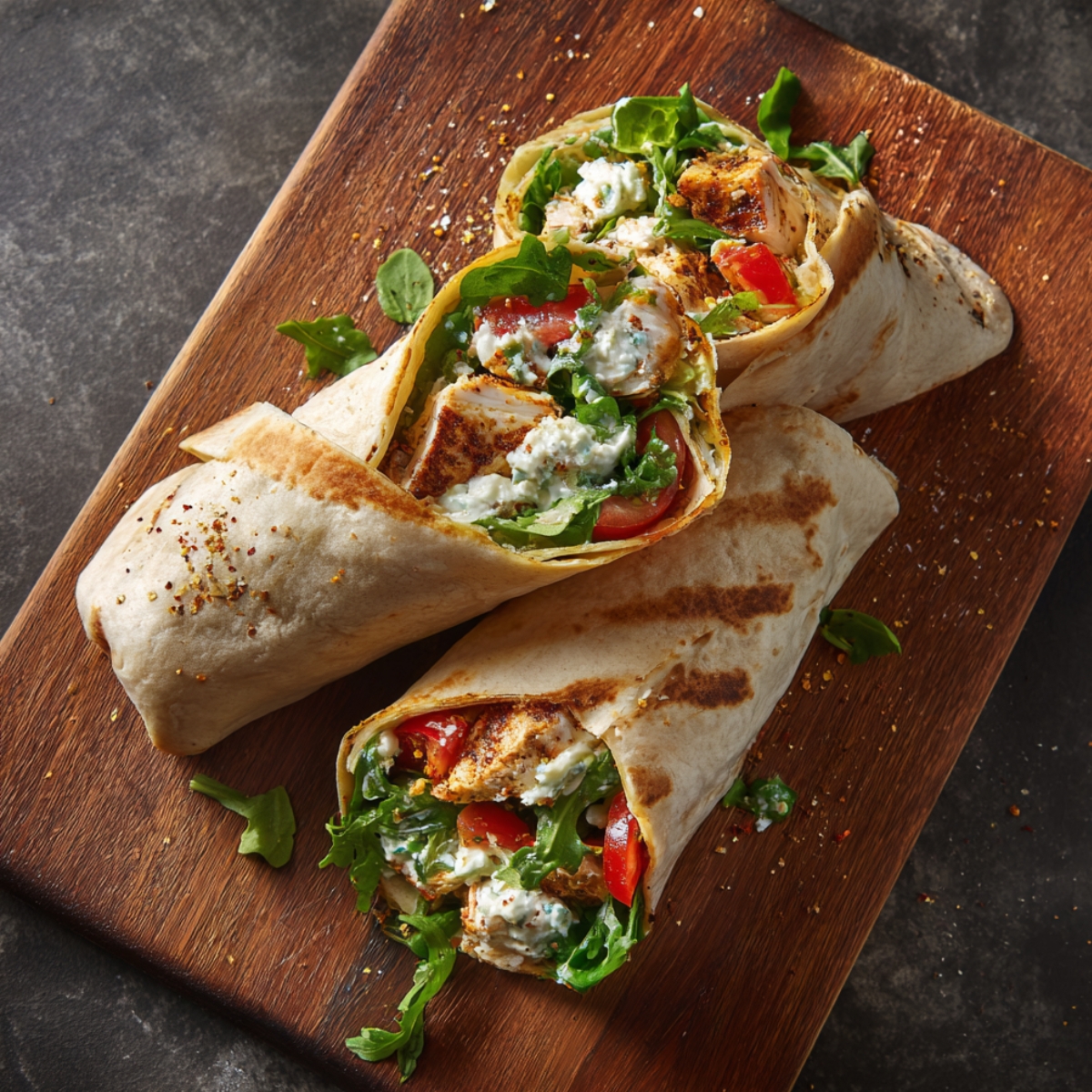 Two grilled wraps placed on a wooden board. Cut open to reveal chicken, lettuce, tomatoes, and creamy dressing. Seasoning sprinkles add a rustic, appetizing touch.