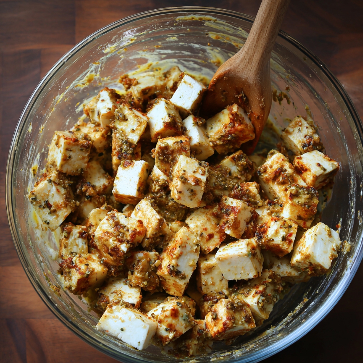 A glass bowl filled with paneer cubes coated in a yogurt-spice mix. A wooden spoon rests inside, mixing the marinade. The cubes are richly seasoned, glistening, and ready to cook.