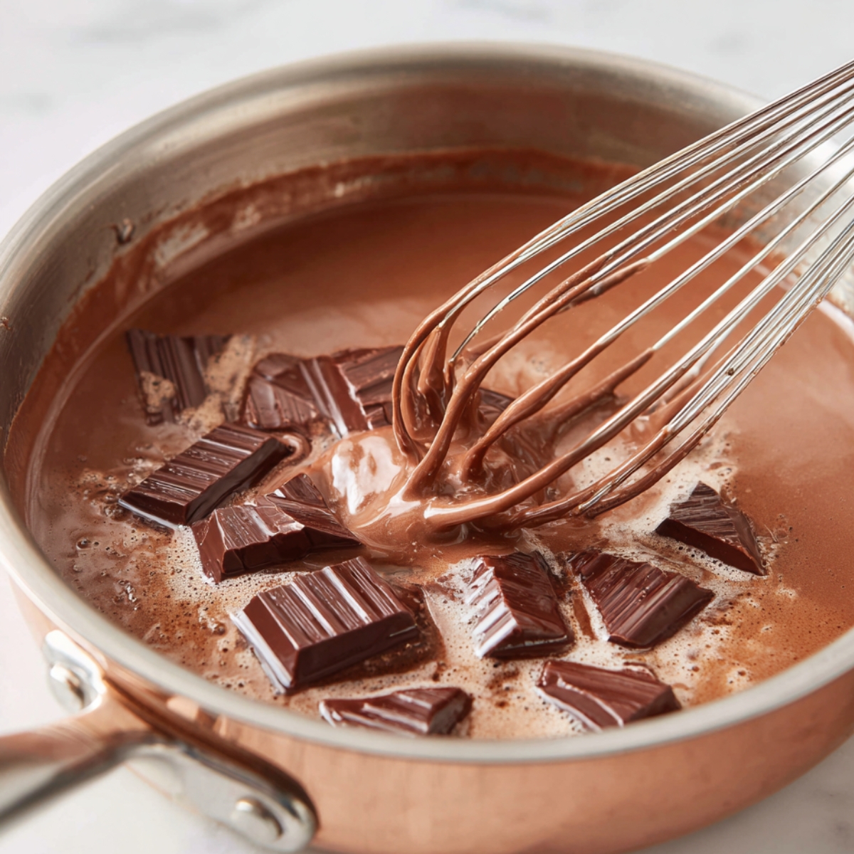 A copper saucepan with hot milk and melting chocolate pieces being whisked into a smooth mixture.