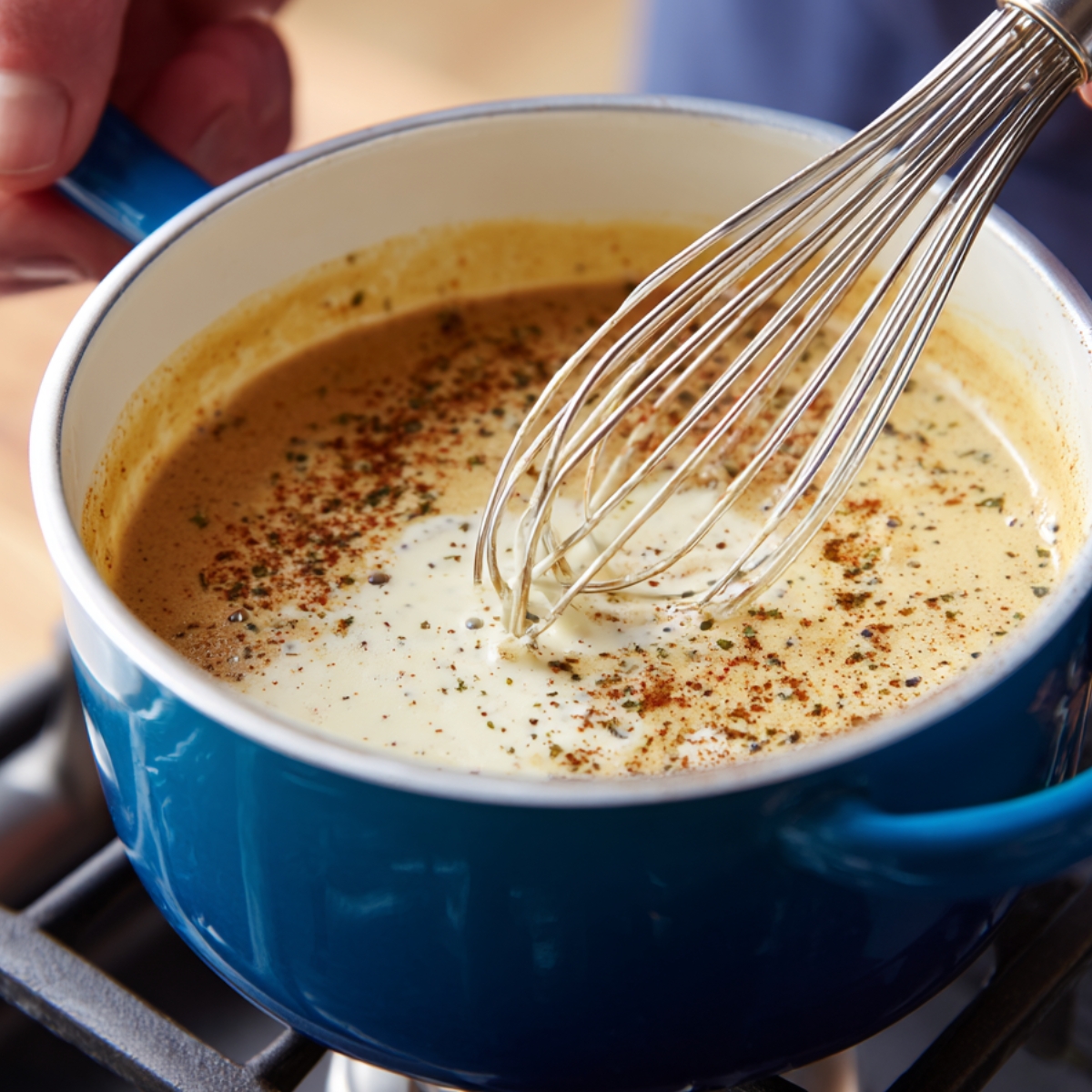A blue saucepan on the stove with milk and spices being whisked, showing specks of cinnamon or nutmeg on top.