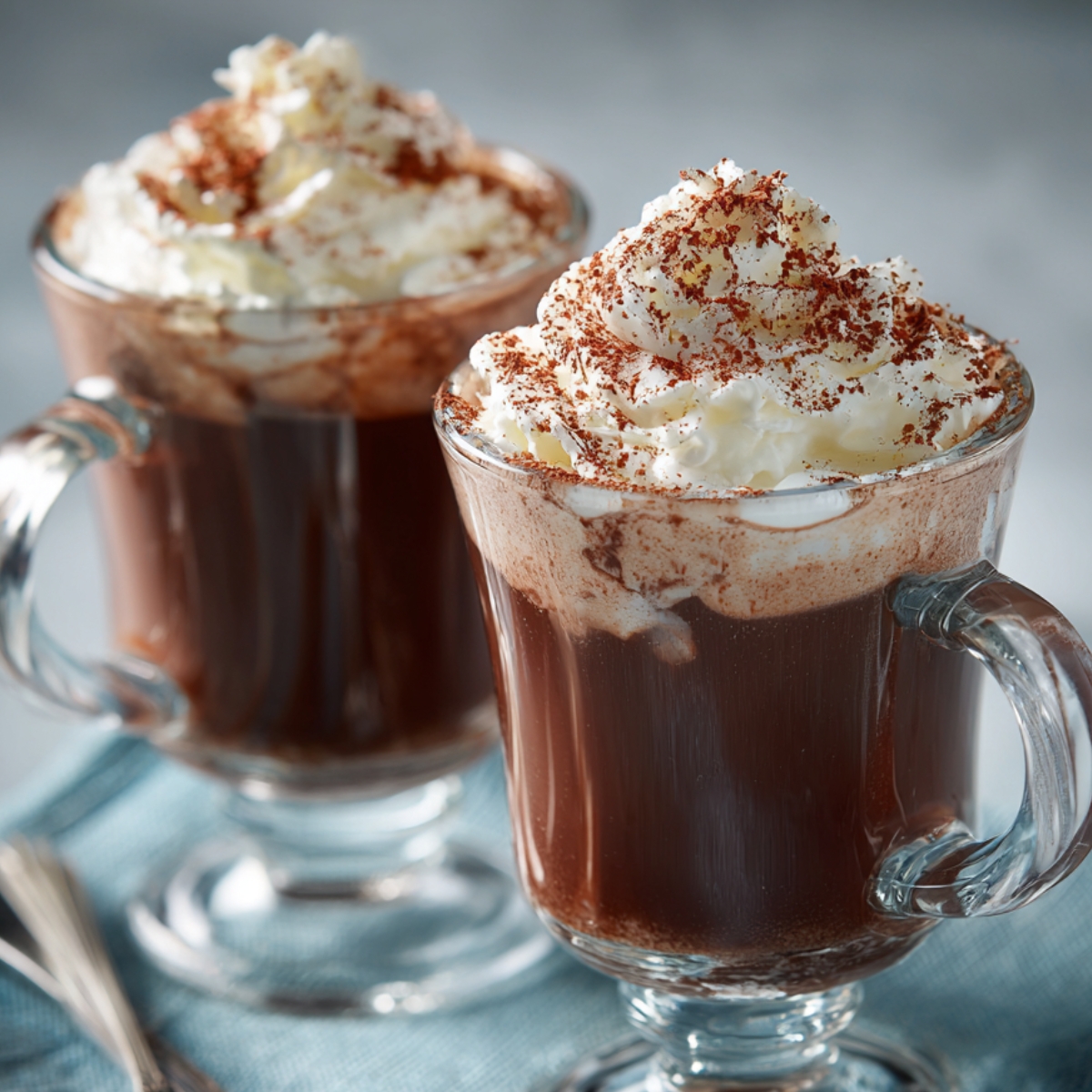 Two glass mugs of hot chocolate topped with whipped cream and sprinkled with cocoa, placed on a blue cloth with silver spoons beside them.