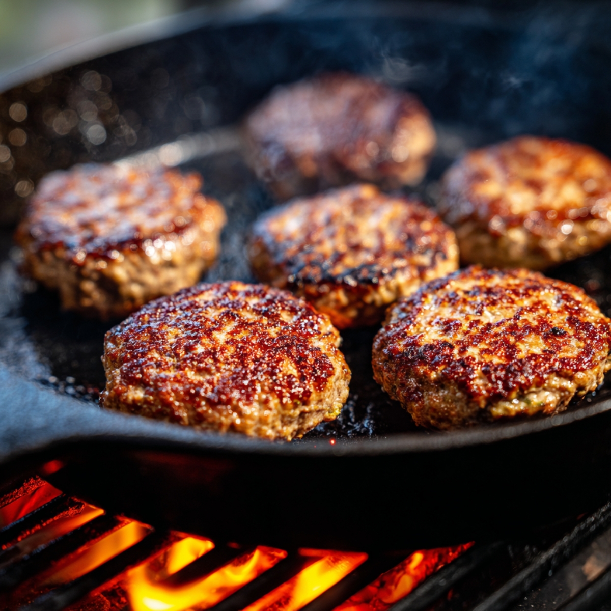 Several burger patties sizzling in a skillet over medium-high heat, showing the grilling process.