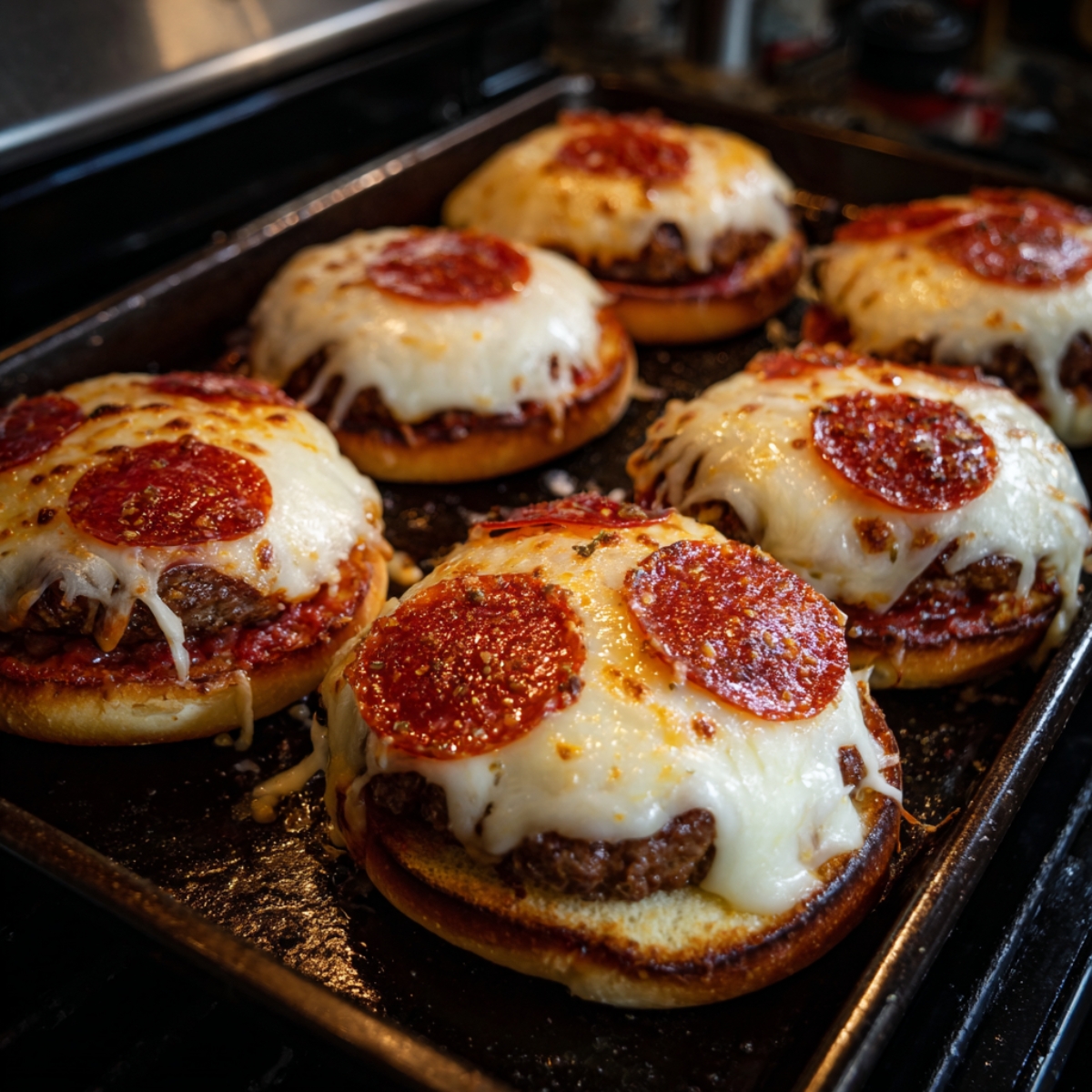 A tray of burgers topped with marinara sauce, melted mozzarella cheese, and pepperoni slices, ready to be served.