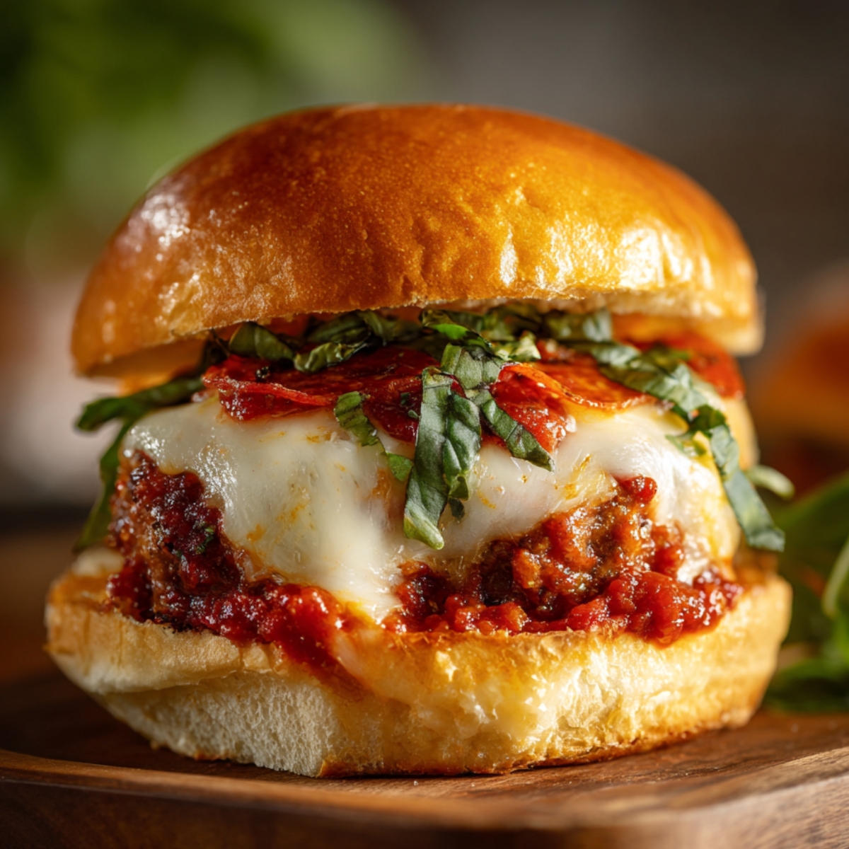 A juicy burger topped with melted mozzarella cheese, marinara sauce, and fresh basil, served in a soft bun.