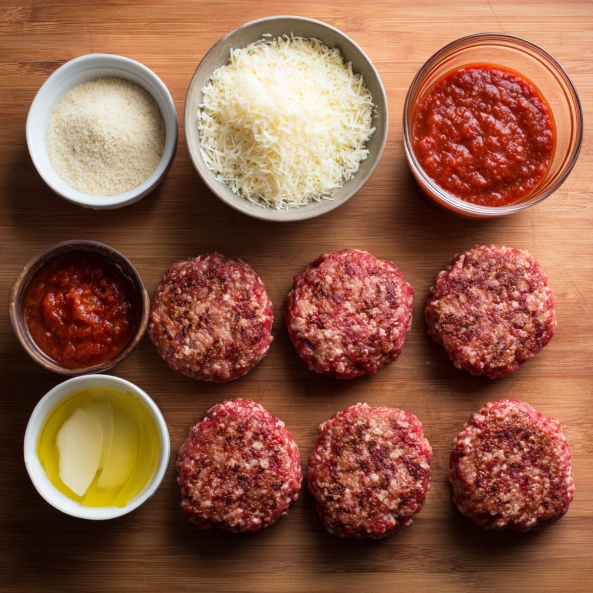 Ingredients for the burger, including ground beef patties, marinara sauce, mozzarella cheese, and seasonings.