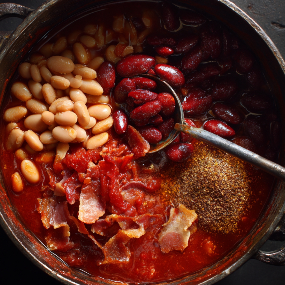 Unmixed pork and beans ingredients including bacon, white and kidney beans, tomato paste, and spices in a large pot.