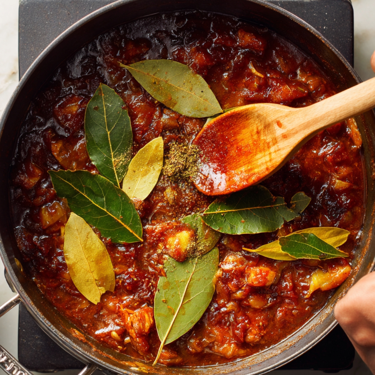 Sauce with bay leaves simmering in a pot, being stirred with a wooden spoon.