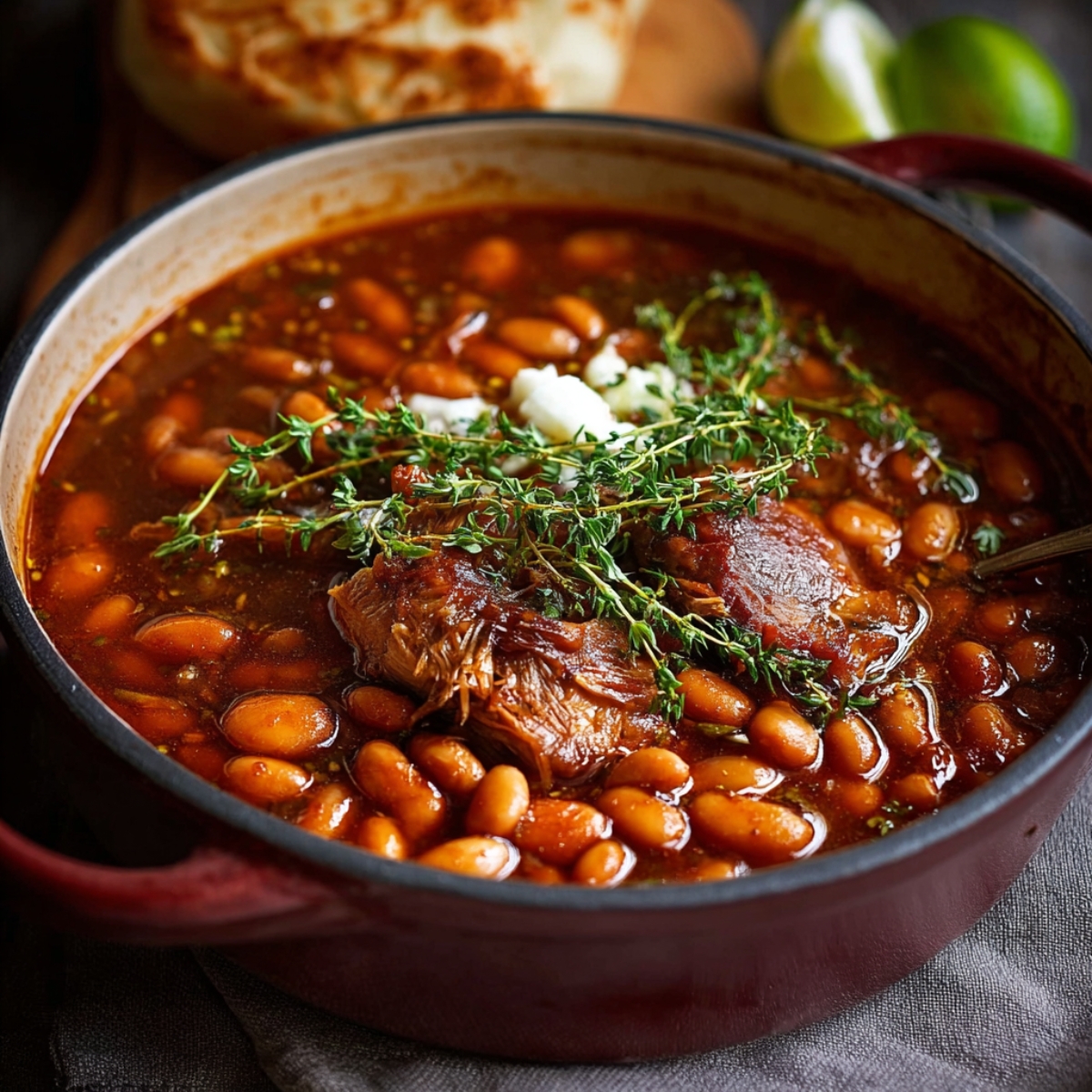 A hearty pot of pork and beans garnished with fresh thyme and cheese, served with flatbread and lime.
