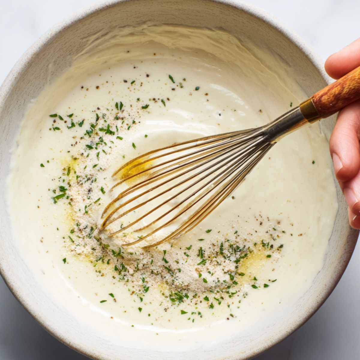 A hand holding a whisk mixing a creamy white mixture (oil with seasoning) in a bowl, with herbs and spices scattered on top.