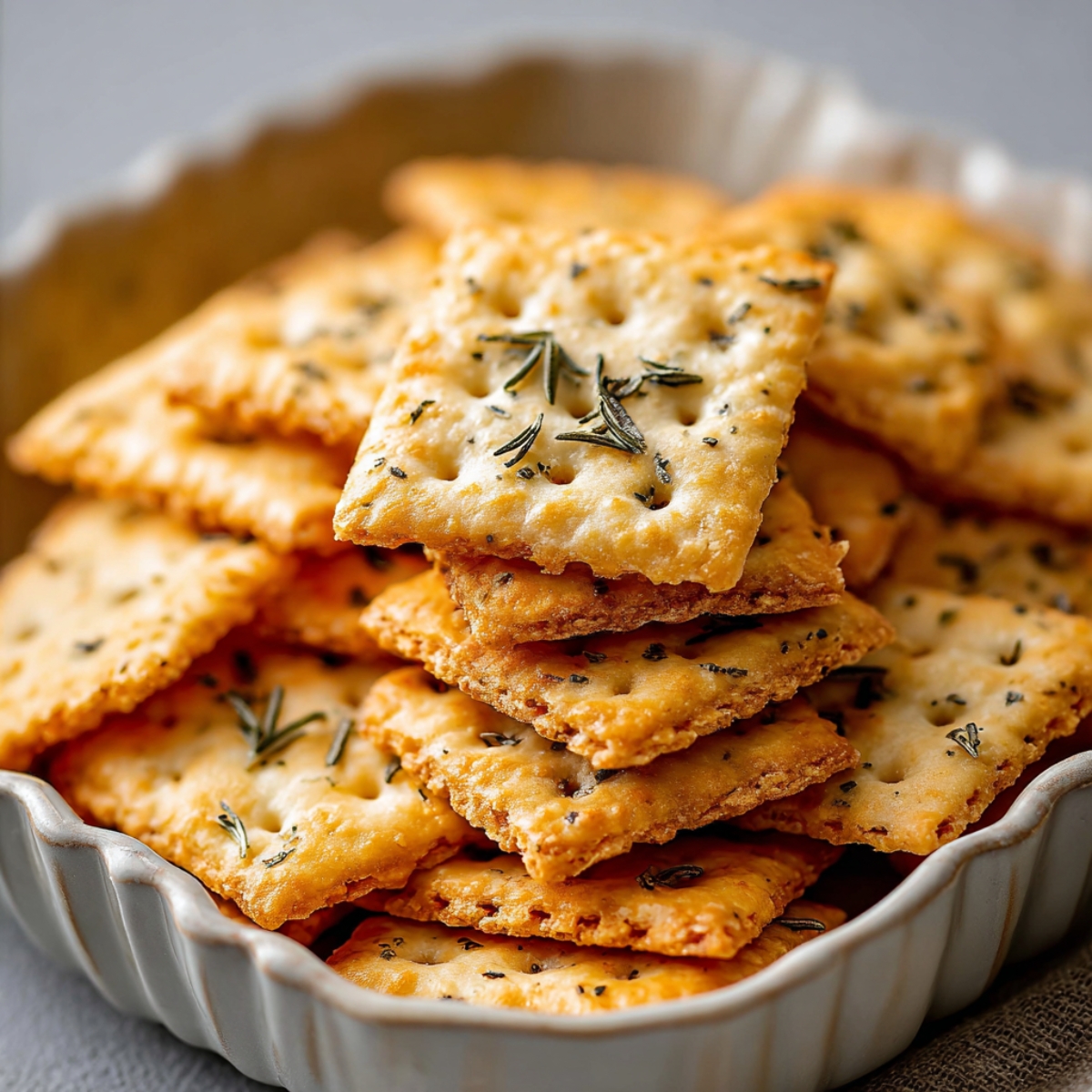 A bowl filled with golden, crispy crackers sprinkled with dried herbs and garnished with fresh rosemary sprigs.