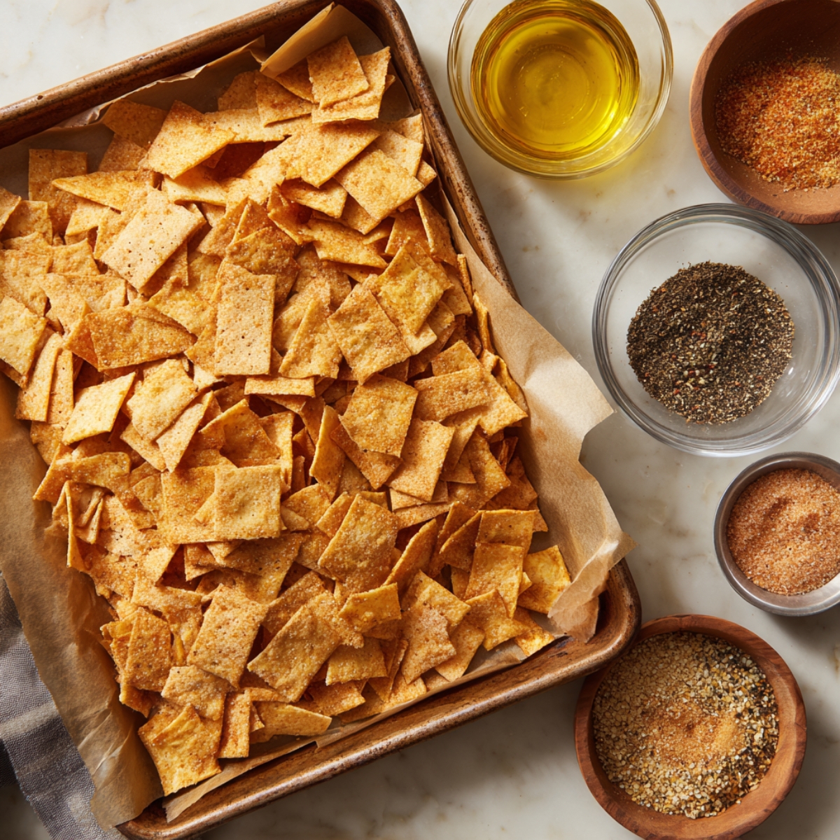 A parchment-lined baking sheet filled with spiced crackers, surrounded by small bowls of oil and assorted seasonings.
