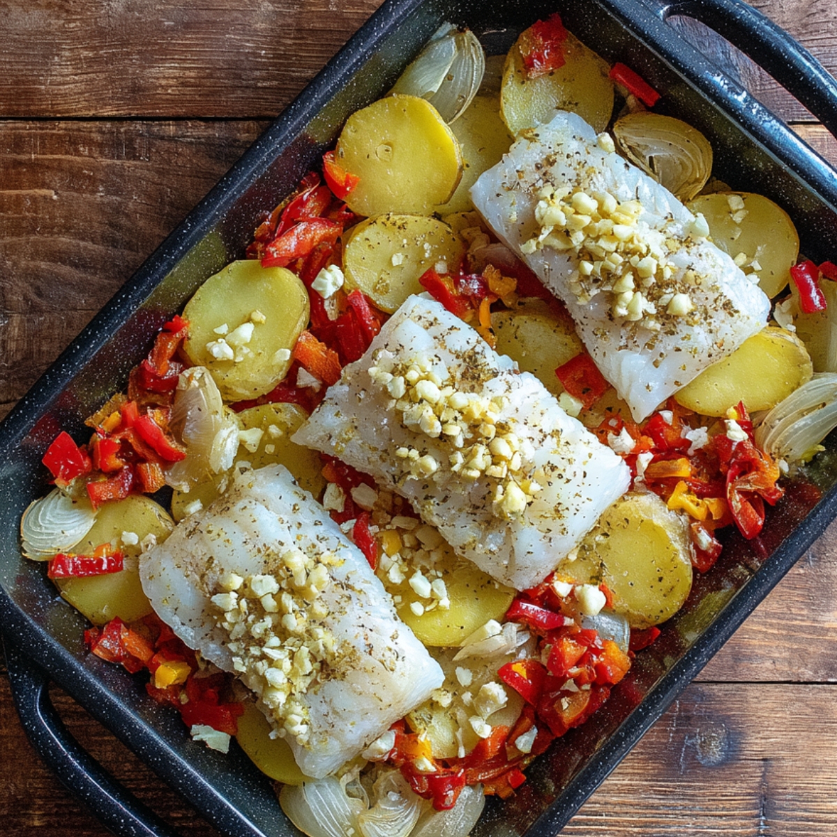 Prepared ingredients: raw cod fillets, sliced potatoes, red bell pepper, and chopped onions with seasonings.