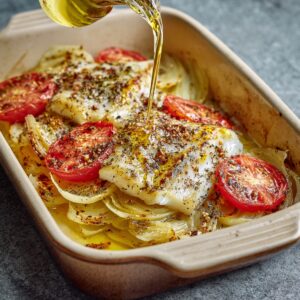 Cod fillets on a baking tray with potatoes, bell peppers, and onions, topped with minced garlic.