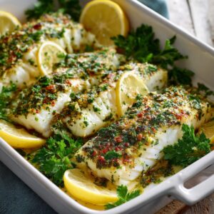 Cod with sliced onions and tomatoes, drizzled with olive oil before baking.