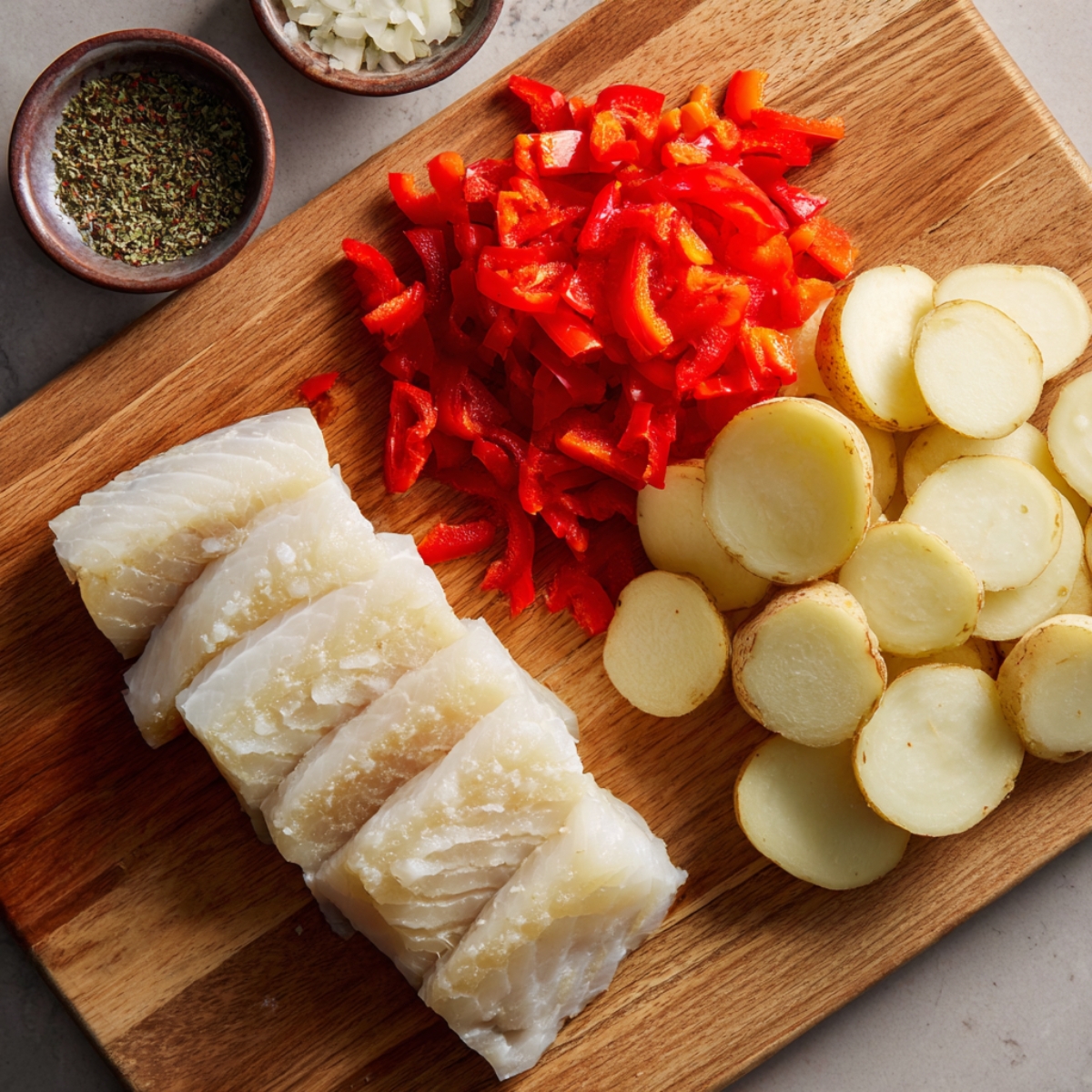 Vegetables and spices: potatoes, onions, red and yellow bell peppers, red onion, salt, black pepper, dried herbs, and paprika.