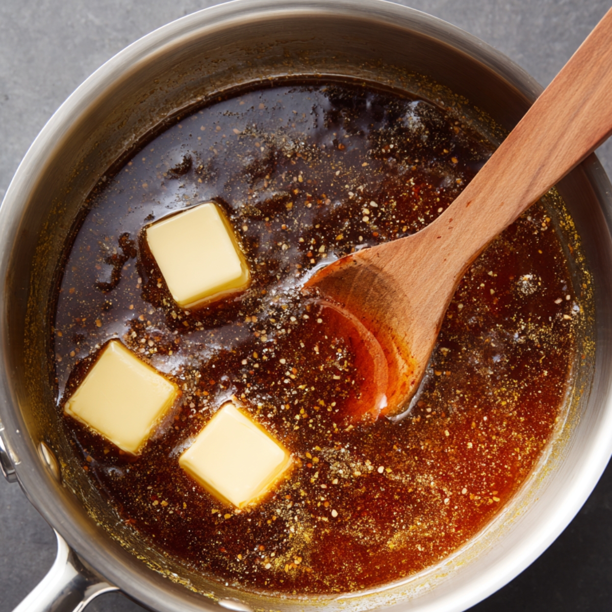 A saucepan with melted butter and spices, with three cubes of butter melting into a reddish-brown sauce, stirred by a wooden spoon.