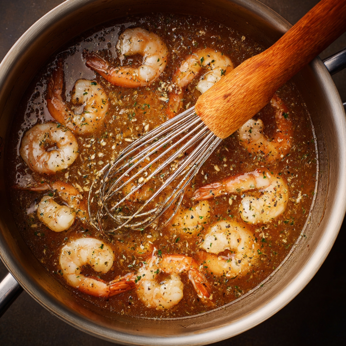 A saucepan with shrimp cooking in seasoned seafood boil sauce, whisked with garlic and herbs.