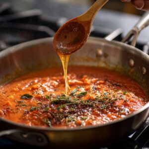 A pan of tomato-based sauce simmering with fresh herbs, while a wooden spoon drizzles some sauce back into the pan.