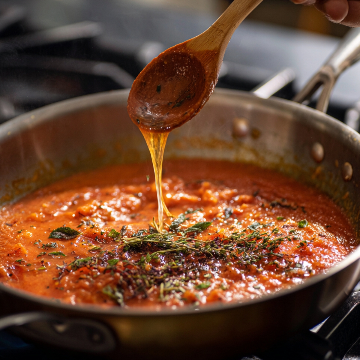 A pan of tomato-based sauce simmering with fresh herbs, while a wooden spoon drizzles some sauce back into the pan.