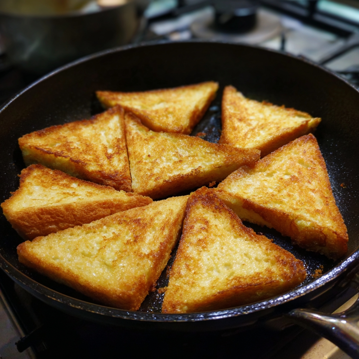 Fried bread slices: Golden, crispy triangular bread pieces frying in a black skillet.