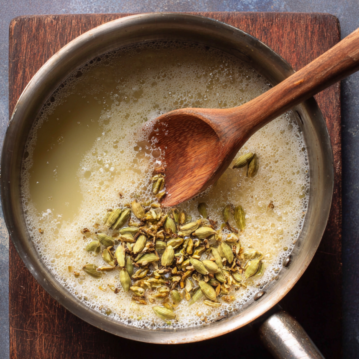Sugar syrup preparation: A pan of bubbling sugar syrup with green cardamom pods, stirred with a wooden spoon.