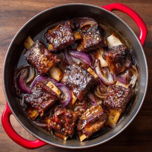 Slow-braised beef short ribs in a red Dutch oven with sliced red onions, glistening in a thick sauce.