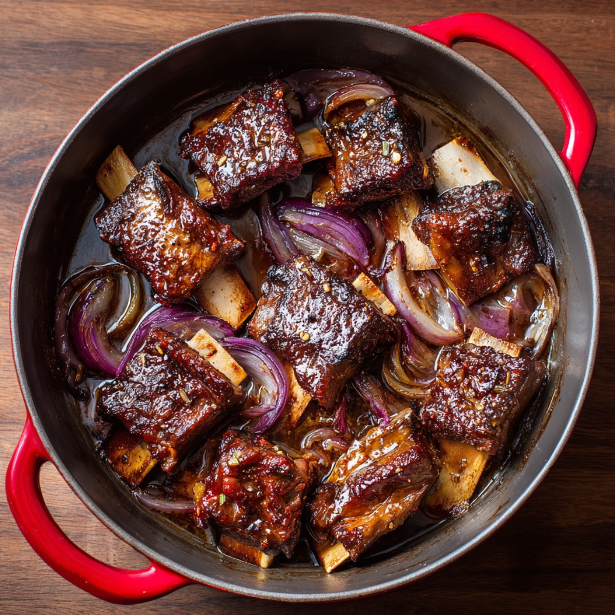 Slow-braised beef short ribs in a red Dutch oven with sliced red onions, glistening in a thick sauce.
