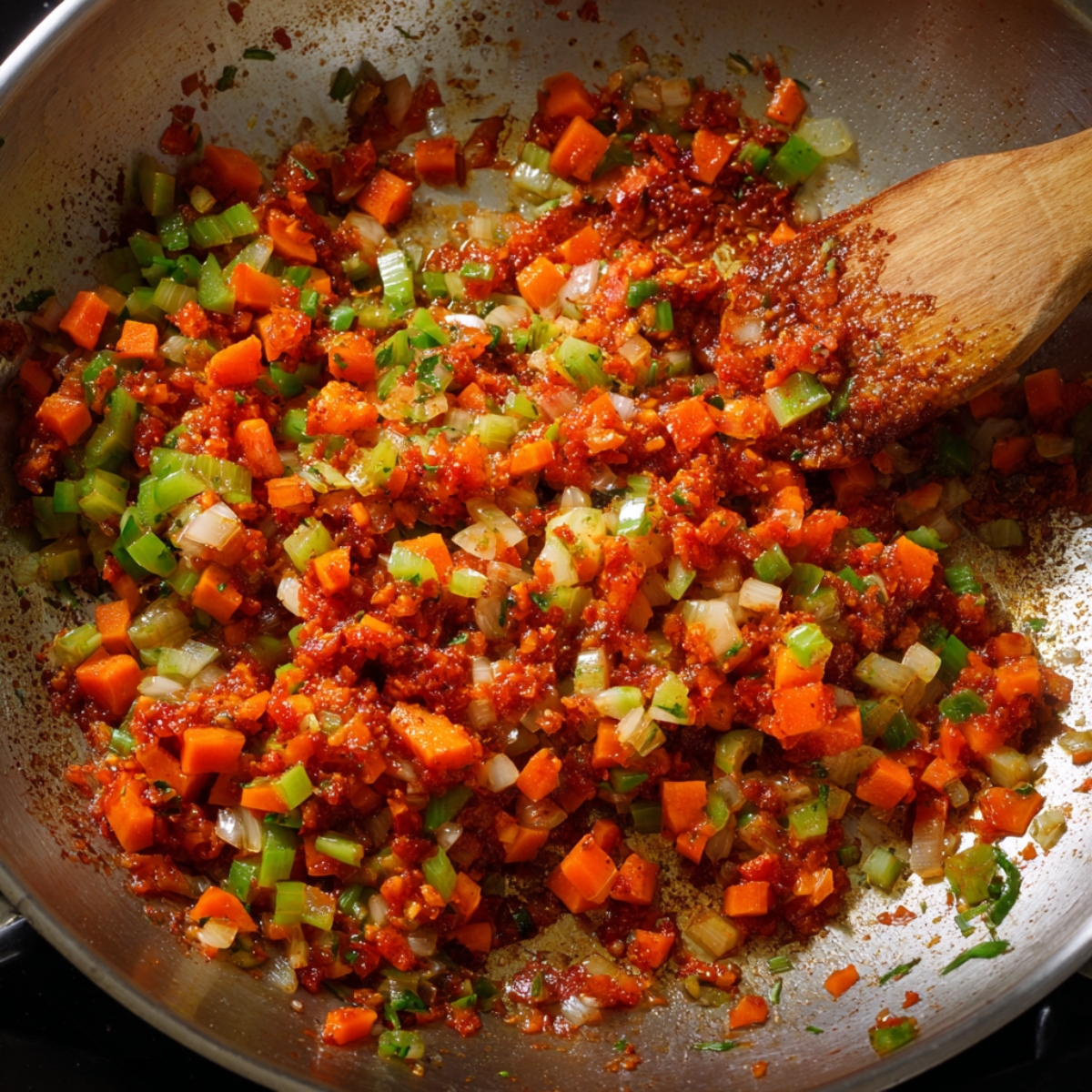 A sauté pan with chopped onions, carrots, and celery cooked with tomato paste, stirred with a wooden spoon.