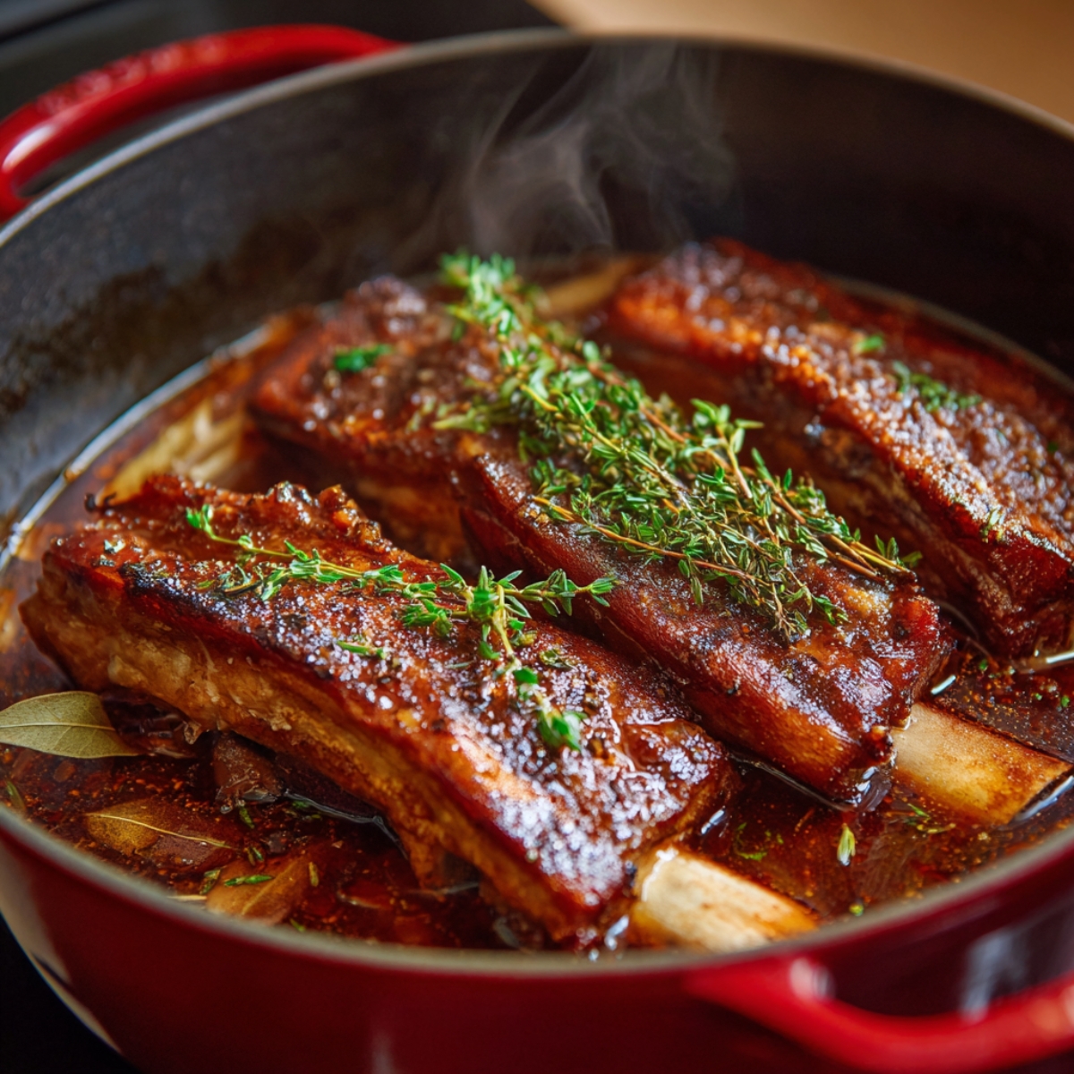 A cast-iron Dutch oven filled with braised beef ribs in a rich brown broth, topped with fresh thyme sprigs and bay leaves.