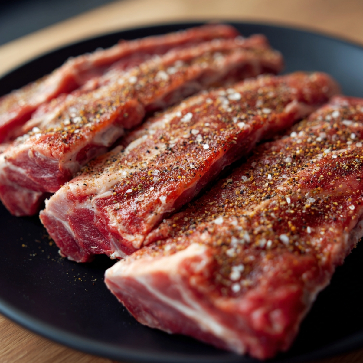 Raw beef ribs seasoned with salt, pepper, and spices, neatly arranged on a black plate.
