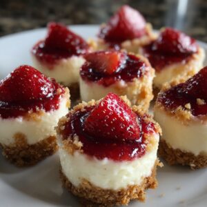 Mini strawberry cheesecakes: Small cheesecake bites with a graham cracker crust, topped with glossy strawberry sauce and fresh strawberry pieces.