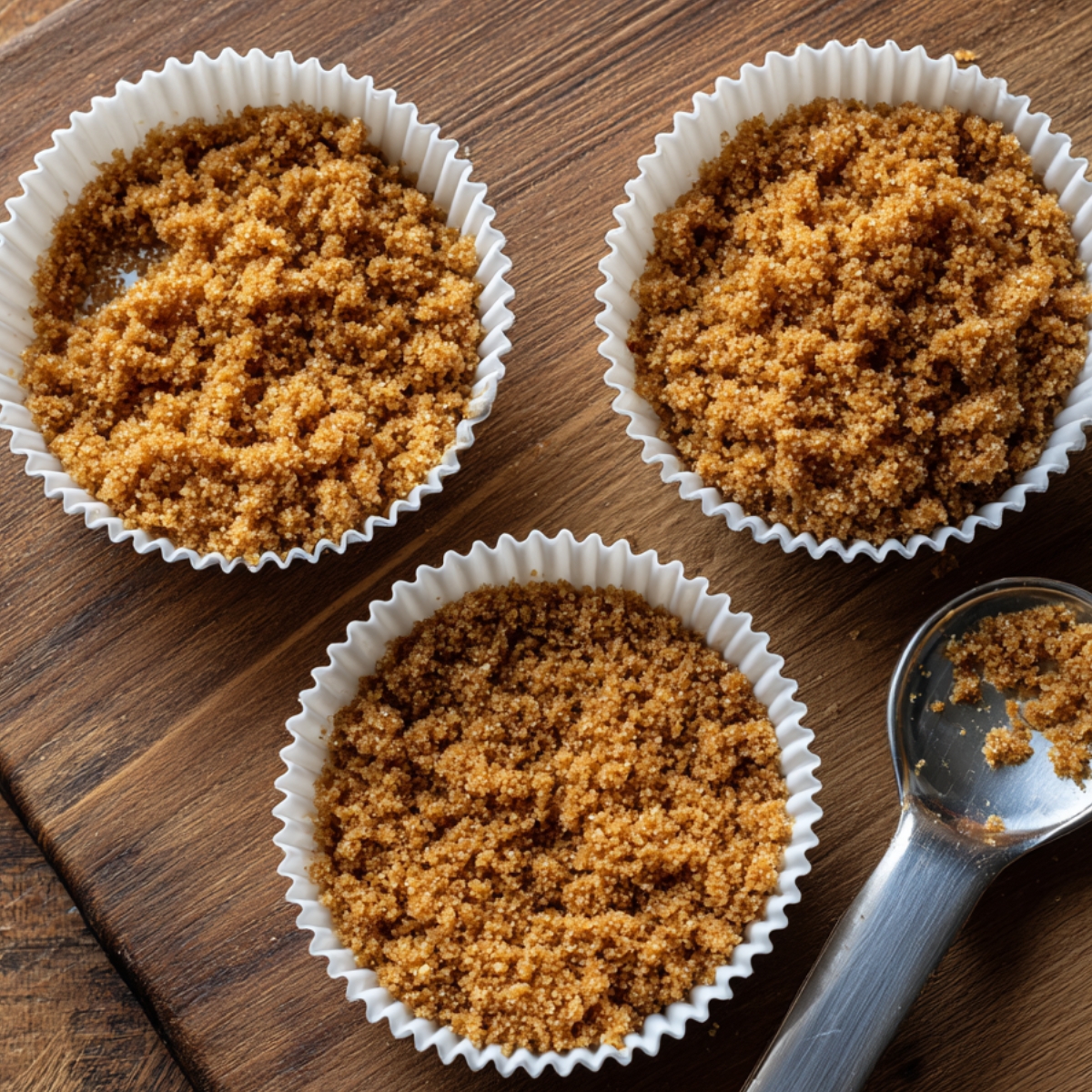 Cheesecake crust base: Cupcake liners filled with buttery graham cracker crumbs, pressed firmly at the bottom.