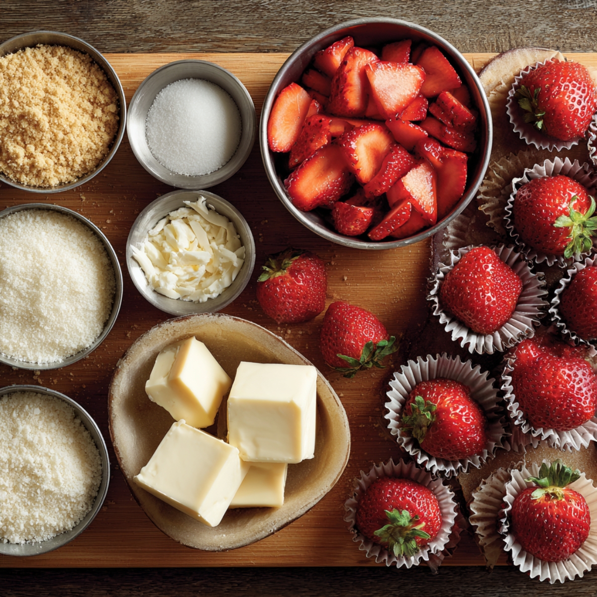 Cheesecake ingredients: Fresh strawberries, butter, sugar, and crushed graham crackers arranged flat on a wooden board.