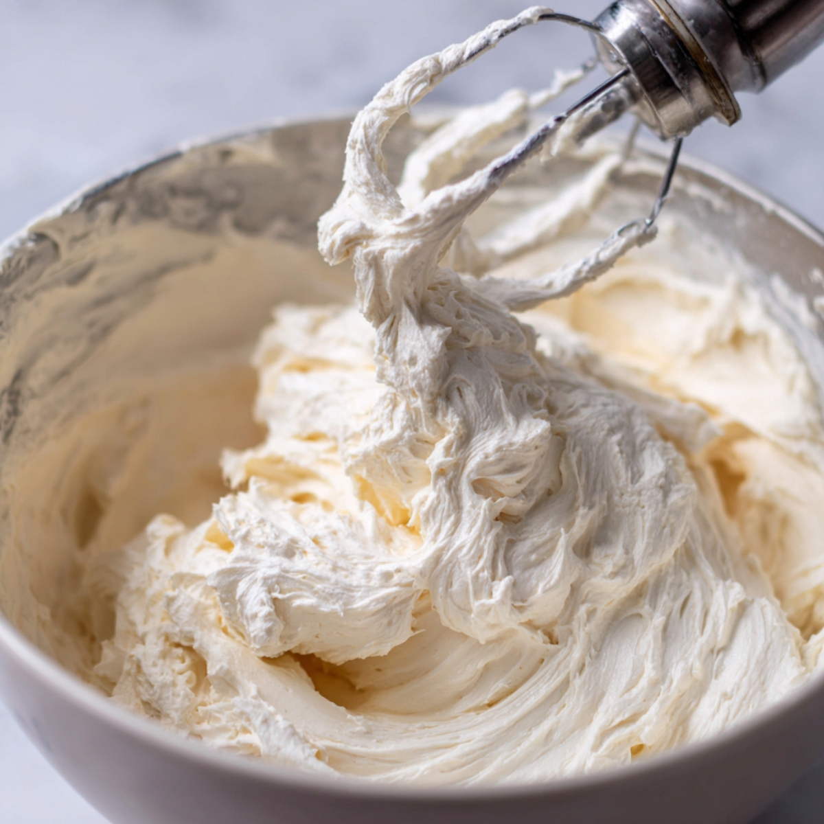 Cream cheese filling: A mixing bowl filled with smooth whipped cream cheese mixture with a hand mixer.