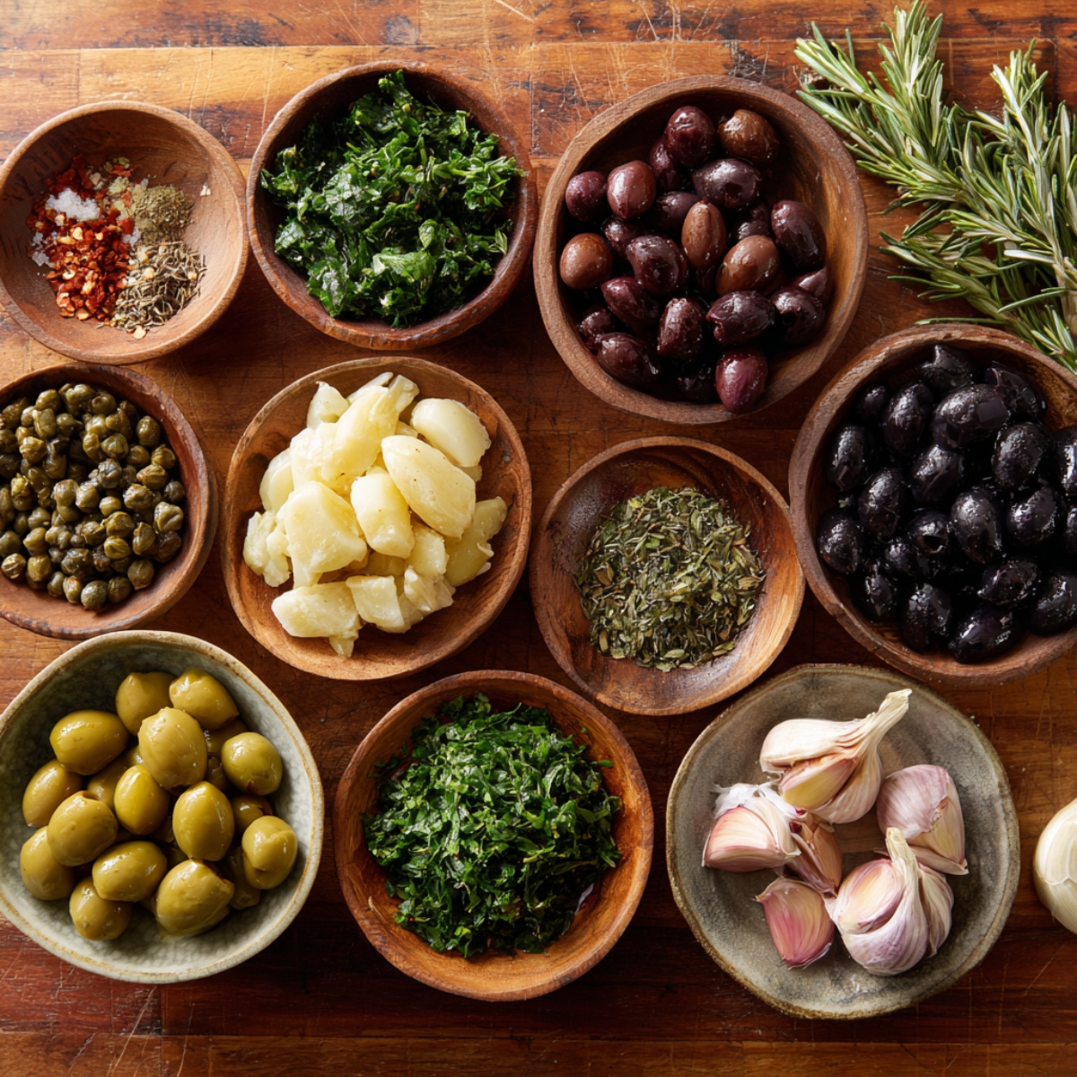 A wooden board with key ingredients: black and green olives, garlic cloves, lemons, capers, olive oil, and dried herbs.