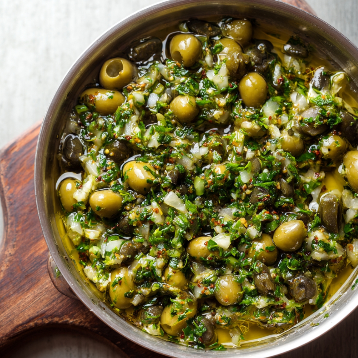 A metal bowl with green olives, capers, parsley, garlic, and olive oil mixed together.