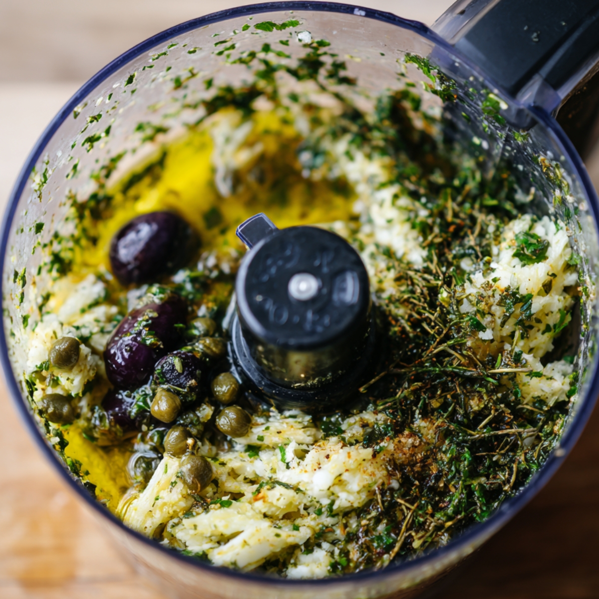 A food processor containing olives, capers, garlic, fresh herbs, and olive oil before being blended.