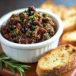 A small white ramekin filled with tapenade (a blend of finely chopped olives, capers, garlic, and herbs) served with toasted garlic bread slices.