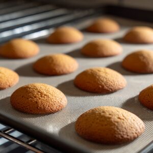 Golden brown cookies baking evenly on a lined tray inside the oven.