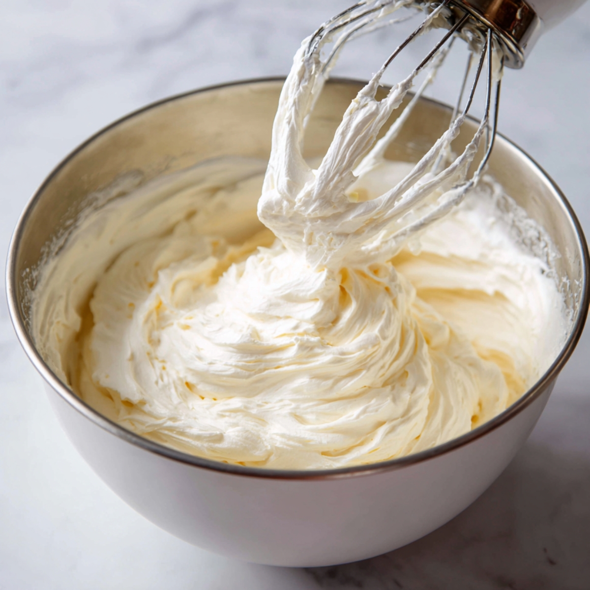 Metal bowl filled with whipped mascarpone cream with a whisk attachment lifted.