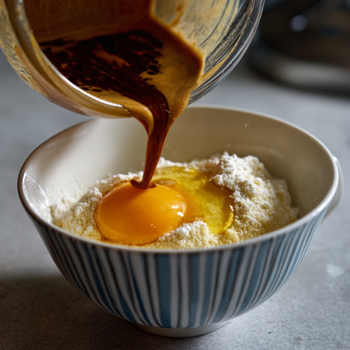 Strong espresso being poured into a mixing bowl with flour and an egg yolk
